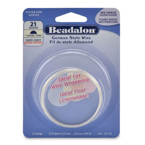 German Style Wire, Half Round, Tarnish Resistant Silver Plated, 21 gauge (.028 in, .72 mm), 4 m (13.1 ft)