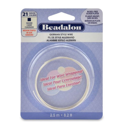 German Style Wire, Square, Silver Plated, 21 gauge (.028 in, .72 mm), 2.5 m (8.2 ft)