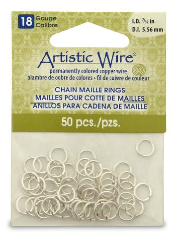 18 Gauge Artistic Wire, Chain Maille Rings, Round, Tarnish Resistant Silver, 7/32 in (5.56 mm), 50 pc