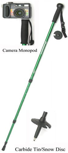 Twist-lock lightweight aluminum telescopic pole extends from 29'' up to 63”. EVA foam grip with ball knob: Integrated camera mount on top; Carbide tip; Rubber end cap, snow disc, compass, thermometer and adjustable nylon wrist strap. 12oz. Black or Green
