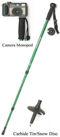 Twist-lock lightweight aluminum telescopic pole extends from 29'' up to 63”. EVA foam grip with ball knob: Integrated camera mount on top; Carbide tip; Rubber end cap, snow disc, compass, thermometer and adjustable nylon wrist strap. 12oz. Black or Green