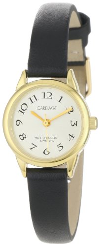 Women's Carriage Gold Tone Round Case Black Leather Band Watch