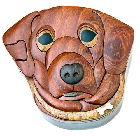 Wood Intarsia Puzzle Boxes, Dog, 4 inches x 4 inches x 2 inches