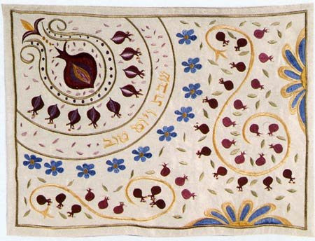 Machine Embroidered Challah Cover - Round Promegranates, 20x16 inch