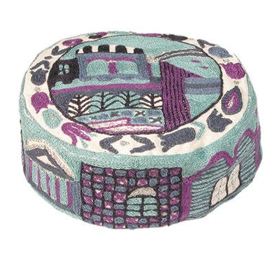 Hand Embroidered Hat - Jerusalem Blue