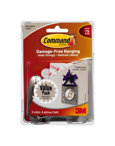 Traditional Hooks Brushed Nickel Medium 3 hooks, 6 strips/pk
