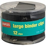 Staples Large Binder Clips, 2" Width, 1" Capacity, Black, 12/Pk