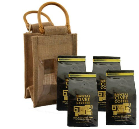 100% Pure Civet Coffee, 1 lb (4 4oz Bags) and 1 Jute Bag