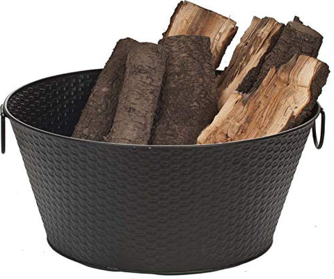 Log Bucket Basket Weave Design Black Steel (10" High x 22" Wide, 5lbs)
