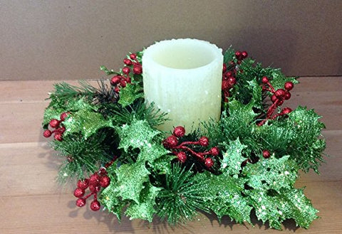 10" Glittered Holly Candlering-Green/Red