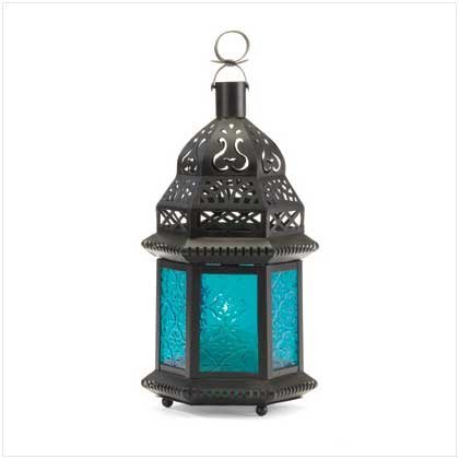 Blue Glass Candle Lantern (4 1/2" x 3 3/4" x 10 1/4" high)
