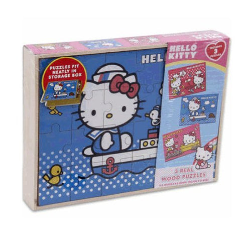 LICENSED 3 WOOD PUZZLES IN WOOD STORAGE BOX - Hello Kitty