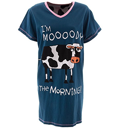 Women's V-Neck Nightshirts by LazyOne | Cute Pajamas Night Shirt + Sizes S/M and L/XL (S/M, Moody Cow)