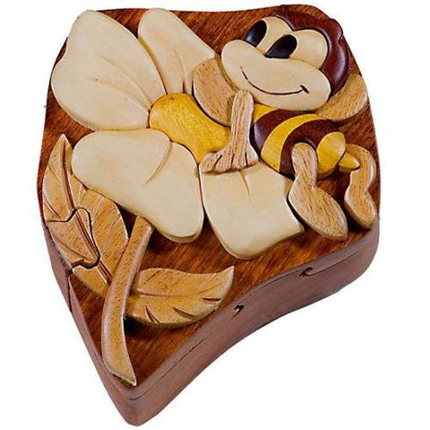 Wood Intarsia Puzzle Boxes, Bee on flower, 5 inches x 4 inches x 2 inches