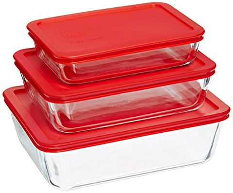Pyrex 6 Piece Storage Value Pack, Includes: 3 Cup Rectangle Dish Clear with Red Plastic Cover (1), 6 Cup Rectangle Dish with Red Plastic Cover (1) and 11 Cup Rectangle Dish with Red Plastic Covers (1)