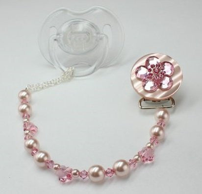 Pink Flower Pacifier Clip with Stunning Bling Beads and Pearls