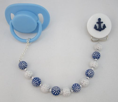 Navy Anchor with Acrylic Beads Pacifier Clip