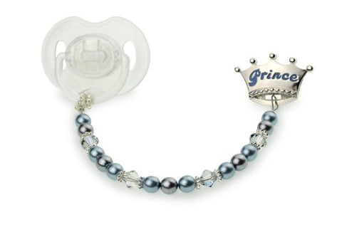 Blue Prince Crown with Blue Swarovski Pearls and Crystals, Sterling Silver Daisy Spacers Pacifier Clip