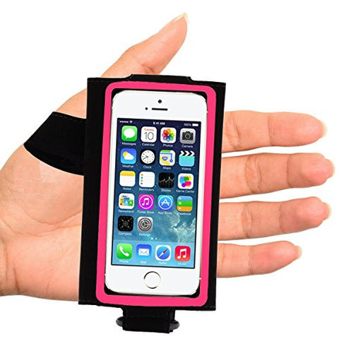 arm/hand band for larger phones - left hand - black with pink