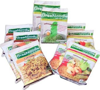 GreeNoodle Plain No-Soup 3.5 oz, 2 pcs,
GreeNoodle Yakisoba 3.0 oz, 2 pcs, 
GreeNoodle Miso 2.6 oz, 2 pcs, 
GreeNoodle Shiitake Soy Sauce 2.6 oz, 2 pcs and 
GreeNoodle Tom Yum 3.0 oz, 2 pcs