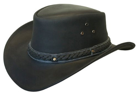Crushable Black Leather Australian Hat - Black, X-Large