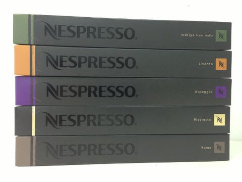 50 NESPRESSO CAPSULES: 10 INDRIYA, 10 RISTRETTO, 10 ROMA, 10 ARPEGGIO, 10 LIVANTO