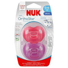 NUK ADVANCED SOFT ORTHODONTIC PACIFIER SZ1, 2PK, 100% SILICONE (purple & pink)