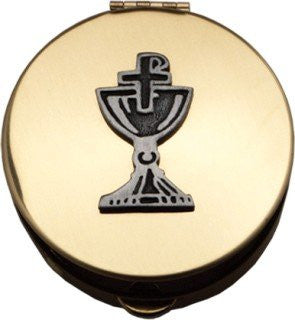 Pyx With Chalice and Chi-Rho Cross - 2 1/8" Diameter, 1/2" Deep, Polished Brass