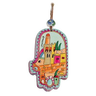 Small Wood Painted Hamsa - Modern Jerusalem, 3.4x2 inch