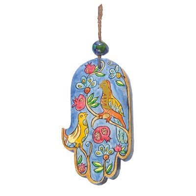 Small Wood Painted Hamsa - Birds and Pomegranates, 3.4x2 inch