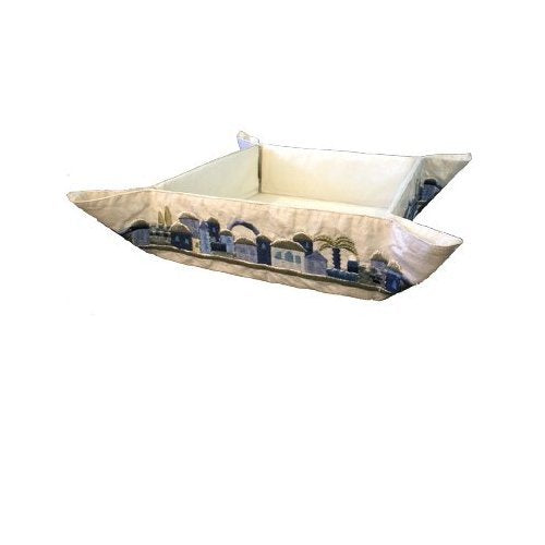 Folding Basket - Embroidery - Blue Jerusalem, 8.5x8.5x2.5 inch