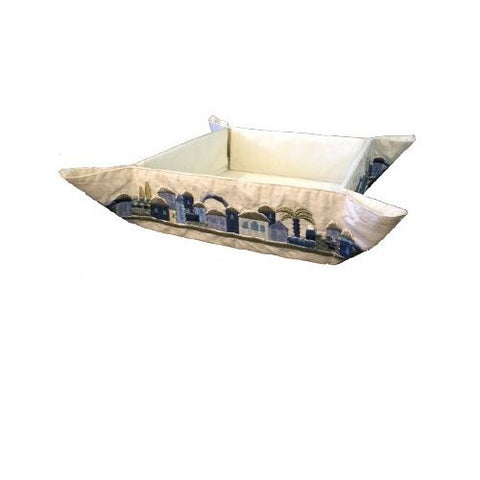 Folding Basket - Embroidery - Blue Jerusalem, 8.5x8.5x2.5 inch