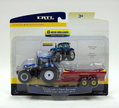Tomy ERTL New Holland Agriculture - T7070 w/ V-Tank Spreader Farm Tractor (1/64 scale diecast model car, Blue)