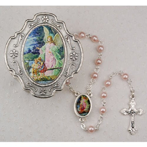 Guard. Angel Pink Rosary W/Box