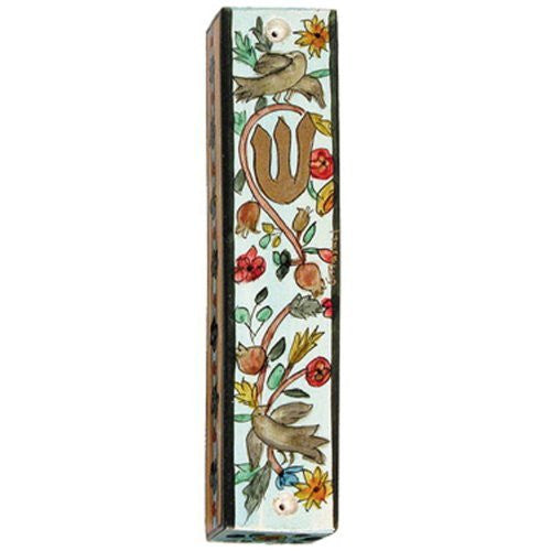 Large Wooden Mezuzah - Flowers and Birds, 6x1.2x0.5 inch