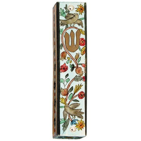 Large Wooden Mezuzah - Flowers and Birds, 6x1.2x0.5 inch