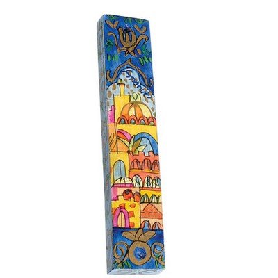 Large Wooden Mezuzah - Jerusalem Panorama - Blue, 6x1.2x0.5 inch
