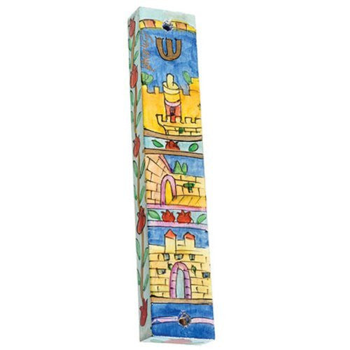 Large Wooden Mezuzah - Jerusalem Gates, 6x1.2x0.5 inch