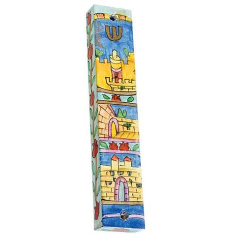 Large Wooden Mezuzah - Jerusalem Gates, 6x1.2x0.5 inch
