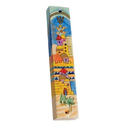 Large Wooden Mezuzah - Jerusalem View, 6x1.2x0.5 inch