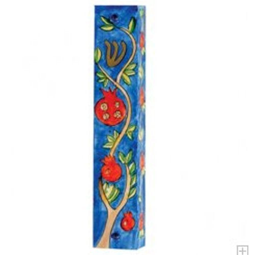 Large Wooden Mezuzah Holder By Yair Emanuel / Pomegranates in Blue
