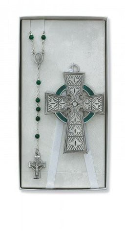 Pewter Celtic Cross Dark Green Marble Bead 10" White Ribbon