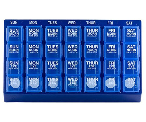 GMS Weekly 4x per Day Pill Organizer slated tray, Blue tray with translucent blue pill containers