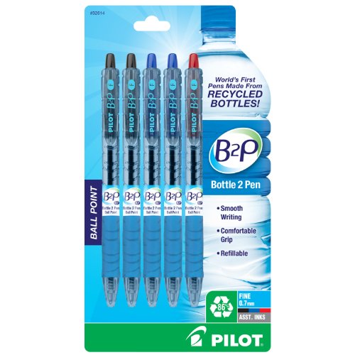 B2P Retractable Ball Point Pen, Fine - 5 Pack, Assorted Ink