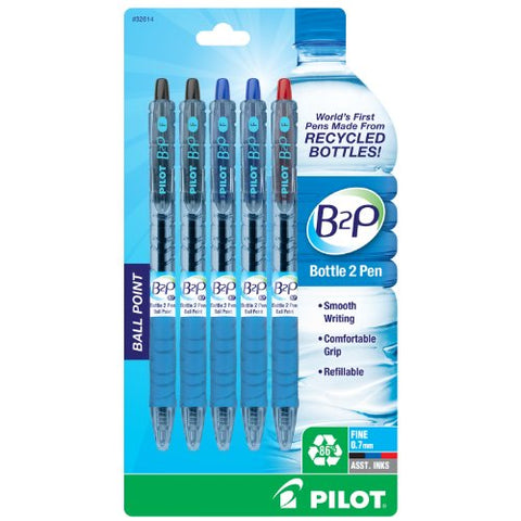 B2P Retractable Ball Point Pen, Fine - 5 Pack, Assorted Ink