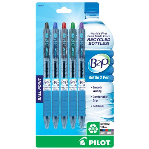 B2P Retractable Ball Point Pen, 5 Pack, Medium Tip, Assorted