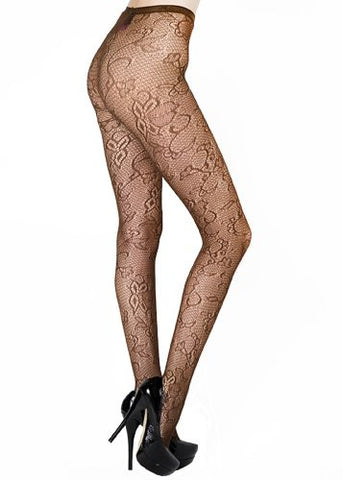 Yelete Cut Florals Crescent Stem Colored Fishnet Pantyhose - Coffee