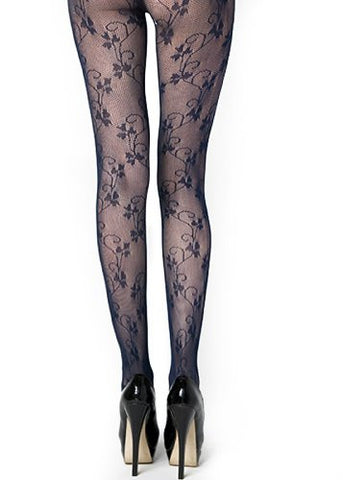 Yelete Three Leaf Clovers and Curly Vines Colored Fishnet Pantyhose - Navy