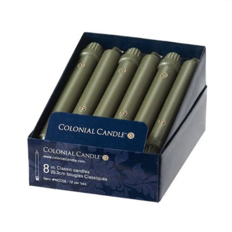 Moss Green 8" Classic Dinner Candles, Box of 12