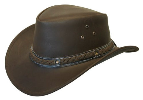 Crushable Black Leather Australian Hat - Brown, Medium